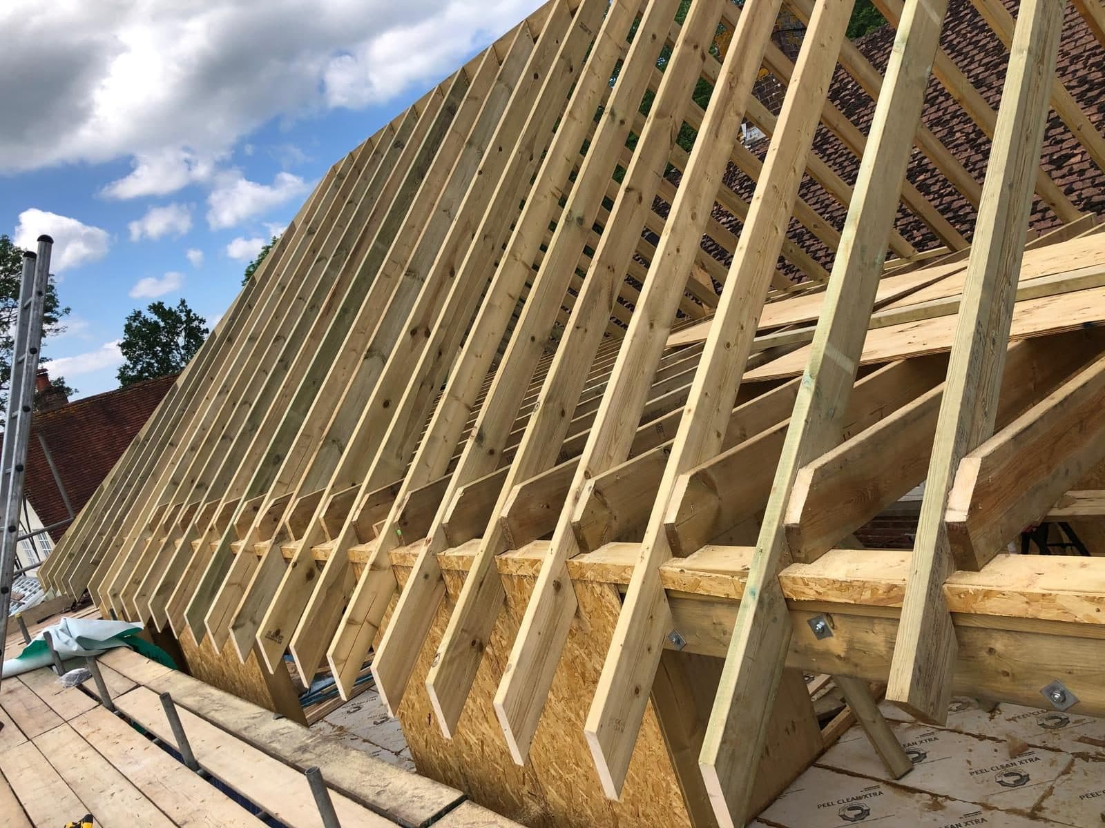Roof trusses cut and set on a new build