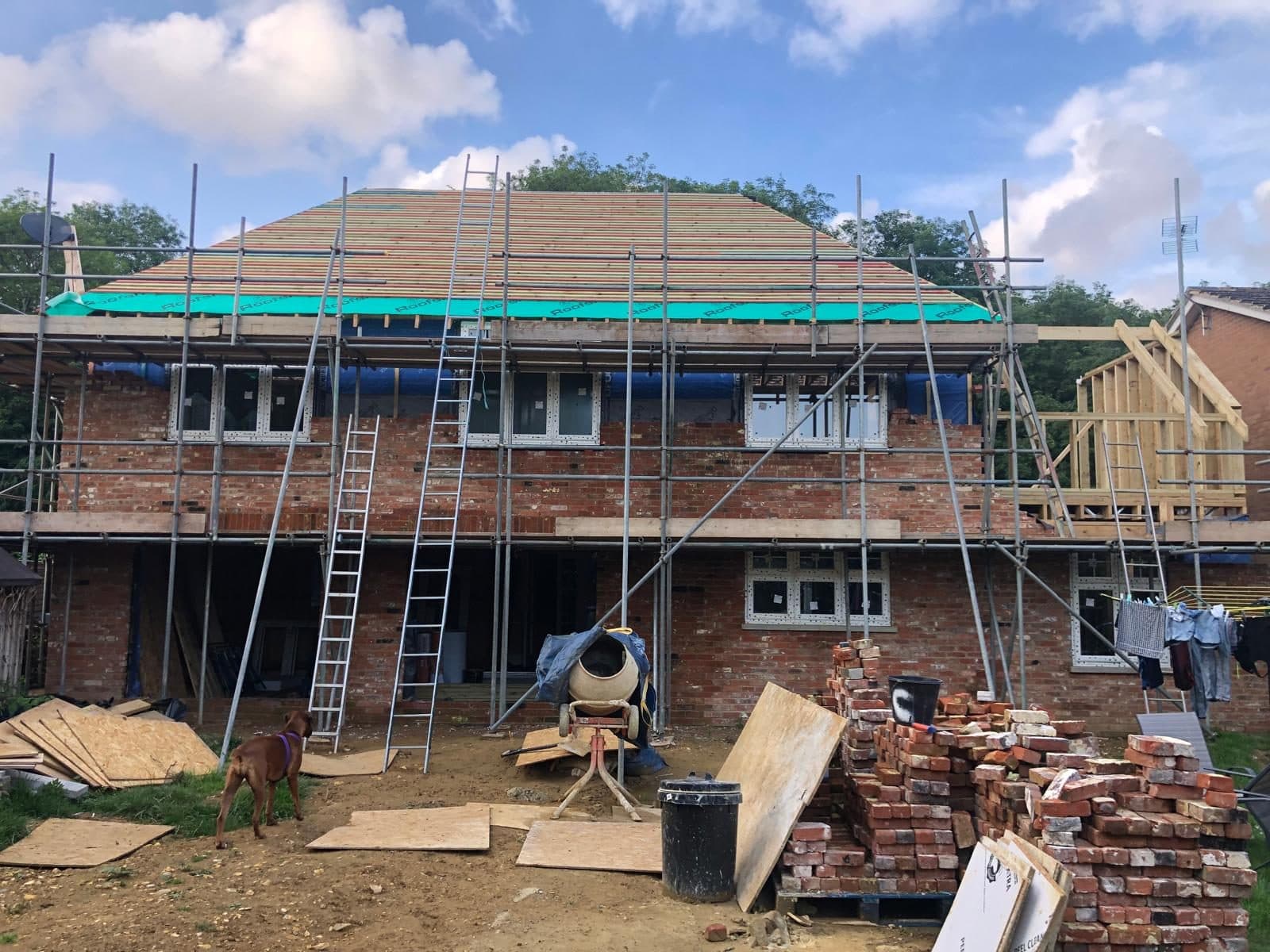 Two storey extension under way with the scaffolding up